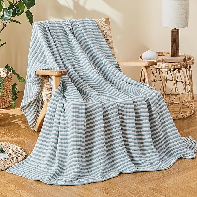 EMME Cotton Muslin King Blanket Bed Layering Bedspread Coverlet Breathable Gauze Soft Lightweight (Striped Teal, 108"x90")