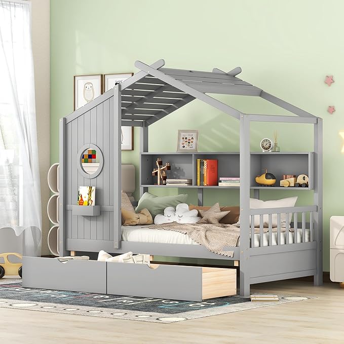 Twin Bed Frames for Kids, House Bed with Window and Fence, Wood Platform Bed Frame with Drawers and Shelves, Playhouse Bed for Boys Girls, Gray, 78" L x 42.7" W x 72" H