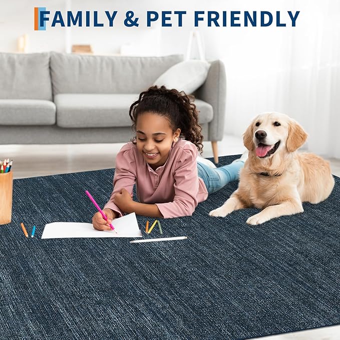 Area Rug 4x6 Washable Bedroom Rugs Non Slip Modern Solid Color Large Living Room Throw Carpet Low Pile Minimalist Kitchen Rug Plain Accent Rug Mat Classic Boho Area Rugs for Nursery Entryway, Navy