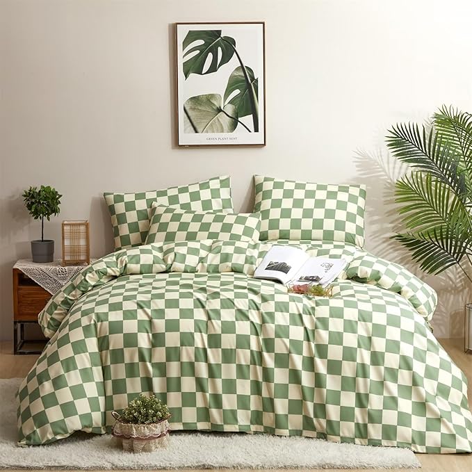 Houseri Sage Plaid Duvet Cover King Size Set - White, Light Green, Beige Grid, Checkerboard, Buffalo Plaid, Gingham