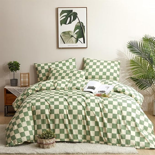 Houseri Plaid Duvet Cover Twin Size Kids Bedding Sets White Green Grid Beige Green Buffalo Checkered Gingham