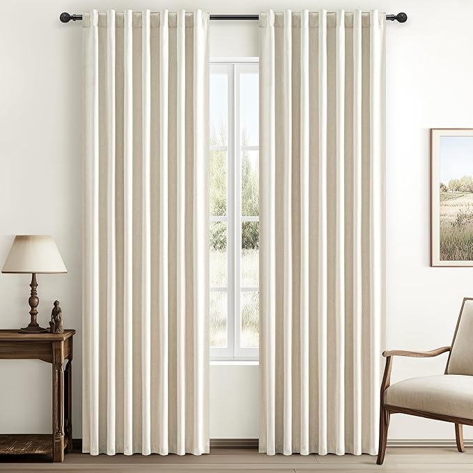 Warm Cream Thick Linen Black Out Curtains 86 Inch Long for Living Room 2 Panels Set, Farmhouse Pleated Room Darkening Window Drapes Insulated Privacy for Kids Bedroom 50"W x 86"L (Rod Pocket Back Tab)