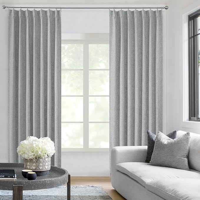 Grey Pinch Pleated Blackout Curtain Panel with Full Blackout Liner Linen Texture Thermal Insulated Window Treatment Set with Back Tab for Farmhouse Bedroom Energy Efficient Drape with Hooks, 40"x95"x2