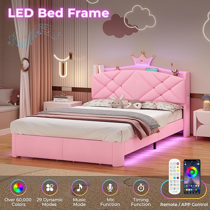 MSmask Full LED Bed Frame with Storage Headboard & 2 Storage Drawers, Princess Upholstered Bed with Charging Station & Crystal Button & Crown, Velvet Platform Bed for Girls, Curved Legs, Pink