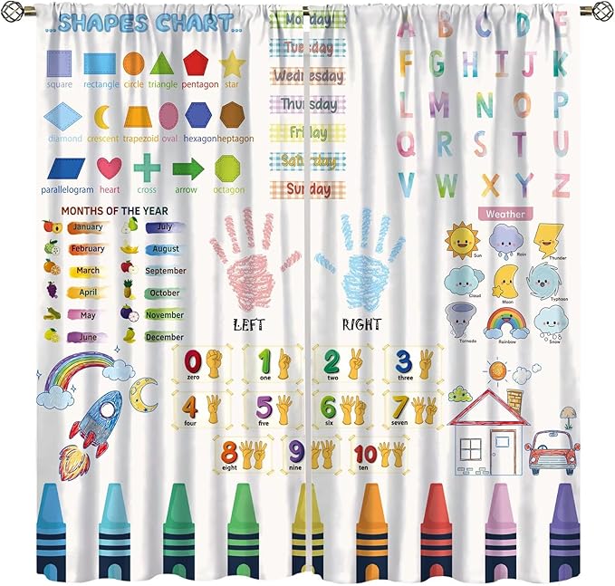 Kids Educational Alphabet Curtain,Boho Watercolor Alphabet Pastel Numbers Shapes Colors for Girls Child Nursery Home Kids Printed Rod Pocket Blackout Window Drapes for Bedroom Living Room 42"W X 54"L
