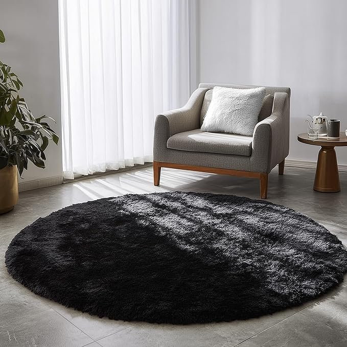 Black Round Rug 7Ft for Bedroom Aesthetic, Fluffy Plush Circle Area Rugs for Living Room, Large Big Fuzzy Modern Cool Carpet for Baby Kids Teen Boys Mens, Office Playroom Nursery Apartment Home Decor