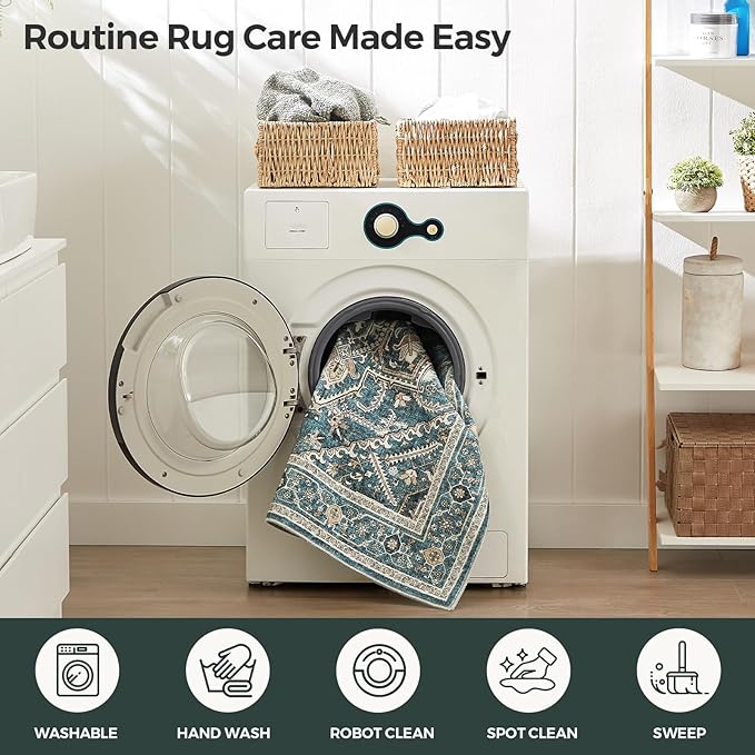 WITSHOCK Extra Long Runner Rug for Hallway 2x15: Washable Vintage Boho Low Pile Stain Resistant Foldable Carpet for Bedroom Entryway Indoor Entrance, Neutral Distressed Farmhouse Home Decor, Teal