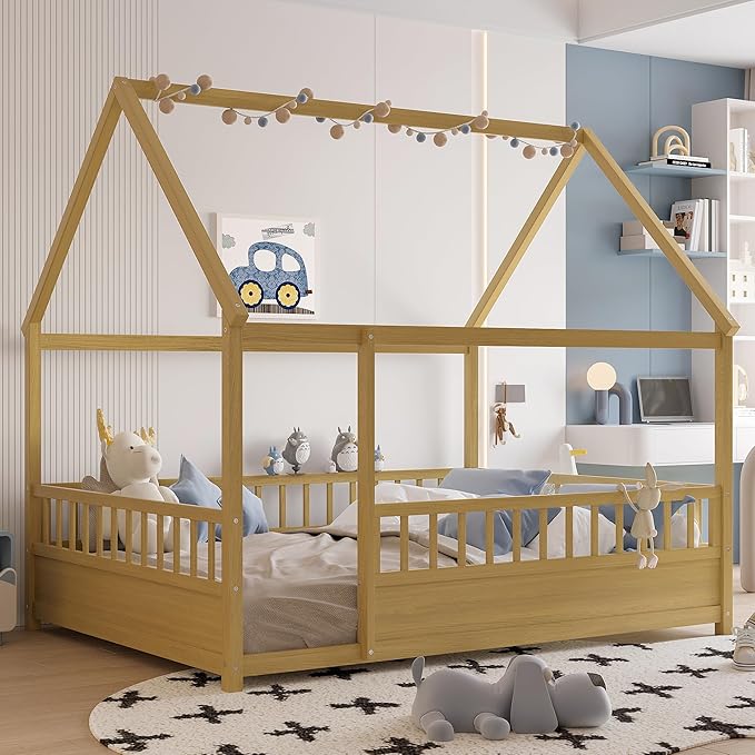 Ball & Cast Full Size House Bed Frame,Montessori Floor Bed with Safety Fence and Roof for Kids,Wood Platform Bedframe W/Open Door for Girls Boys,Bedroom,Playroom,Easy Assembly,Natural