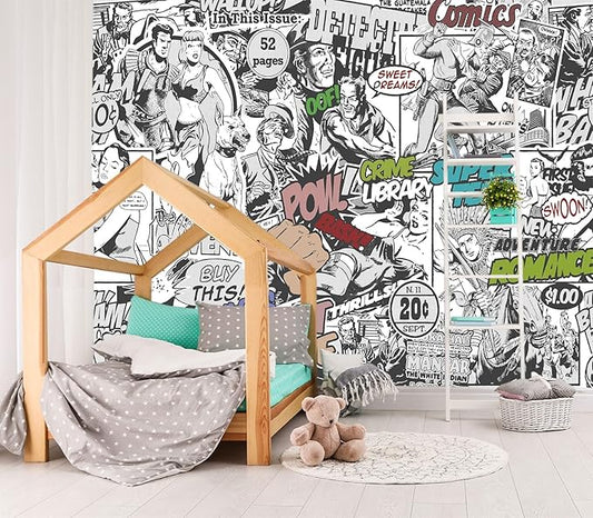 XMPMBM-Cartoon Hand-Painted Comics Nursery Room Fabric Wallpaper Kids Gaming Room Graffiti Bedroom Wall Mural-W 88" X H 59"（36 Square Foot）