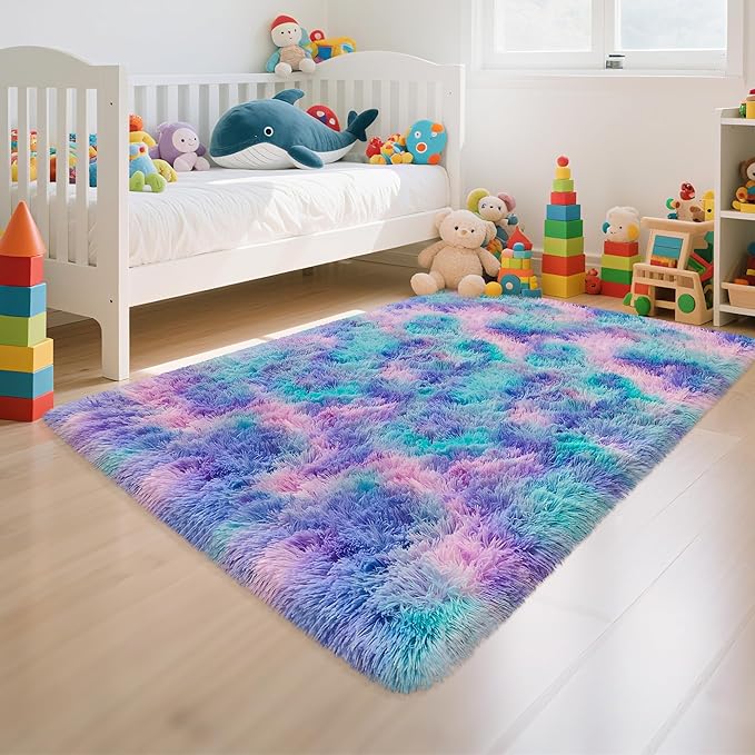 Tie-Dyed Purple Blue Rainbow Kids Rug for Bedroom, 3x5 Fluffy Fuzzy Area Rugs for Girls Room Dorm, Indoor Shaggy Living Room Carpet, Cute Soft Shag Playing Mat for Baby Nursery Playroom