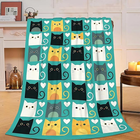 Cute Cat Throw Blanket Lovely Kitten Pattern Fleece Blanket Soft Cozy Fuzzy Plush Warm Stuff Bedding Blankets Gifts for Kids Toddler Cat Lover Boys Girls Kids Adult Men Women 60"X80"