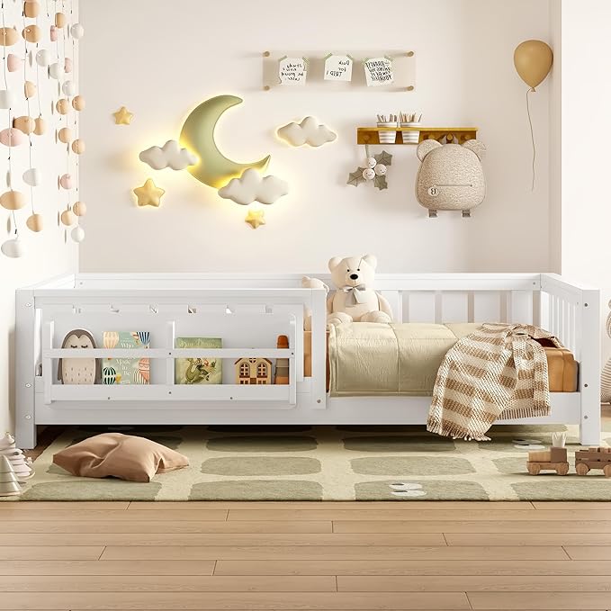 Bellemave Twin Floor Bed with Slats and Safety Guardrail, Twin Size Montessori Floor Bed with Fence and Built-in Bookshelf, Easy Assemble Montessori Beds for Kids, Girls, Boys, White