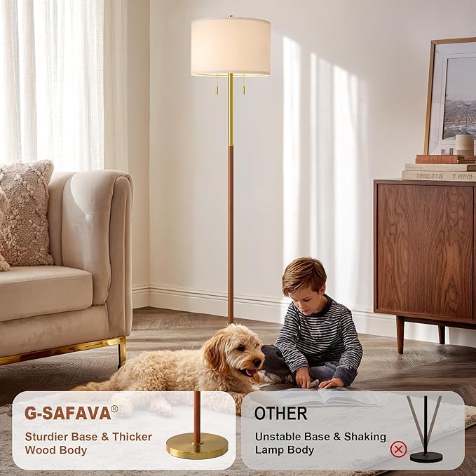 61" Wood Floor Lamp for Living Room 2-Light Standing Tall Lamps Mid Century Modern Floor Lamps for Bedroom Office Nursery Corner Industrial Reading Room Lamp, 3 Color Temperatures 9W Bulbs Included