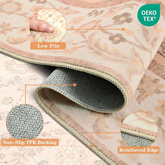 5x7 Rugs for Living Room, Orange Washable Floral Area Rug for Bedroom, Soft Low Pile Thin Indoor Non Slip Carpet for Kitchen Dining Room, Large Boho Throw Carpets for Nursery Office Dorm Home Decor