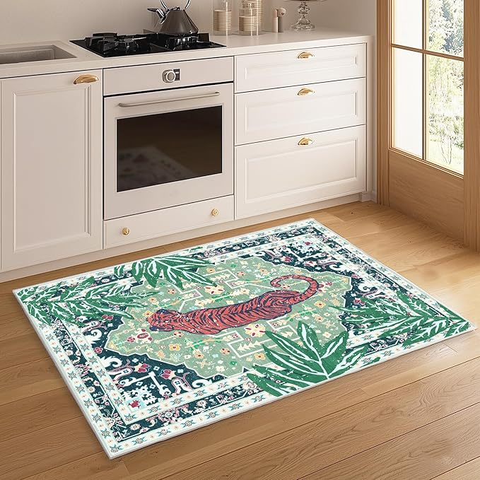 Door Mat Indoor Entrance 2x3 Rug Washable Non-Slip Green Tiger Rug for Bathroom Kitchen Entryway Animal Cheetah Print Jungle Rug Boho Vintage Soft Cozy Tropical Woodland Carpet