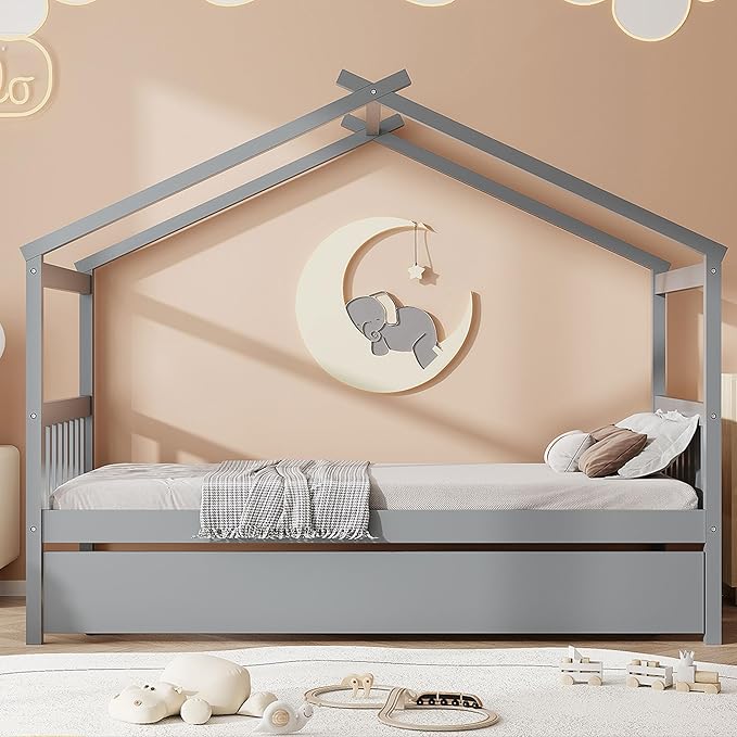 Harper & Bright Designs Twin House Bed for Kids, Wood Platform Bed with Trundle, Montessori Bed with Roof, Playhouse Trundle Beds for Kids,Teens, Bedroom, Gray