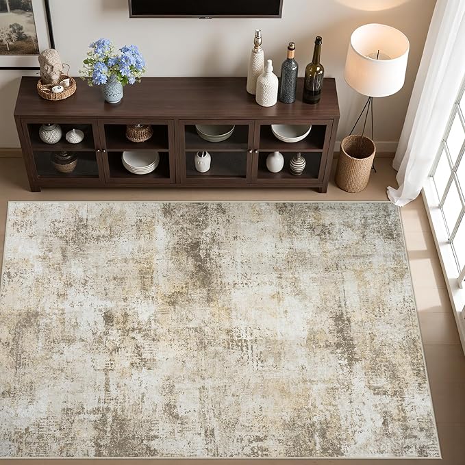 Washable Rug 6x9 Area Rugs: Soft Large Living Room Rug with Anti-Slip Backing Non-Shedding Stain-Resistant Modern Abstract Carpet for Bedroom Dining Room Nursery Home Office Beige Grey
