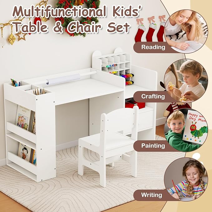 Costzon Kids Desk and Chair Set, Art Activity Desk Set with Detachable Paper Roll Holder, Cubby Cabinet, and Multiple Storage Space, 2-in-1 Toddler Table and Chair for Painting, Studying (White)