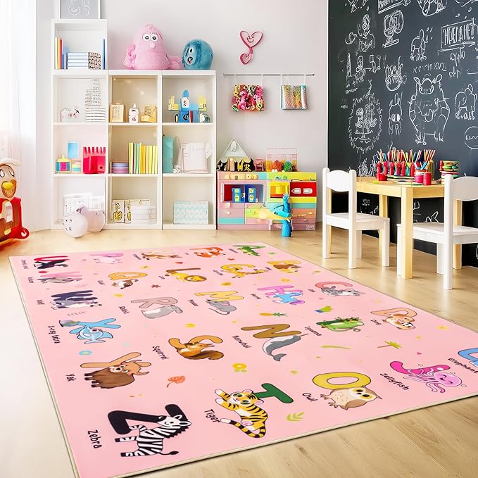 Kids Rugs for Playroom, 8x10 Ft Educational Rug for Learn The ABC Alphabet, Soft Machine Washable Non-Slip Cute Cartoon Animals Carpet for Classroom Toddler Nursery Kids Room Decor, Pink