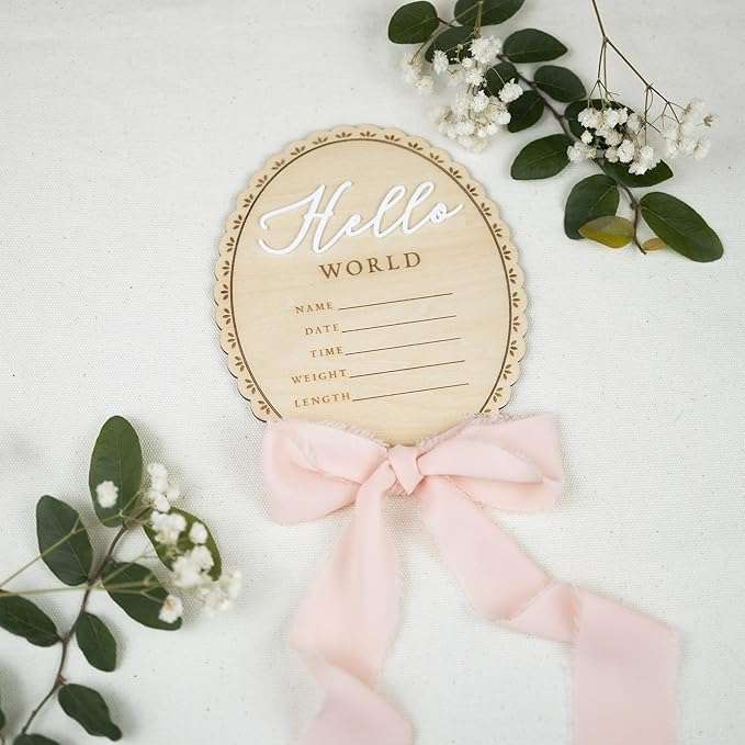 Baby Announcement Sign 6.5 Inch Wooden Hello World Newborn Welcome Sign Birth Name Plaques for Photo Props Shower Hospital Nursery (BOW CUT)