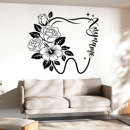 Personalized Floral Tooth Name Wall Decal Custom Dental Nurse Orthodontics Dentist Transparent DTF Vinyl Removable Nursery Wall Decals for Kids Room, Teen Bedroom, Car, Cute Home Decor Gifts