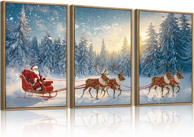 Framed Christmas Wall Art Santa Claus Wall Art Santa Winter Artwork for Living Room Bedroom Dining Room 16x24 Inches Set of 3