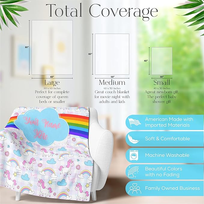 Personalized Rainbow Unicorn Throw Blanket for Girls and Boys with Custom Name, Cute Soft Bedding for Nursery Room or Tummy Play, Warm and Plush (Fleece 60x80)