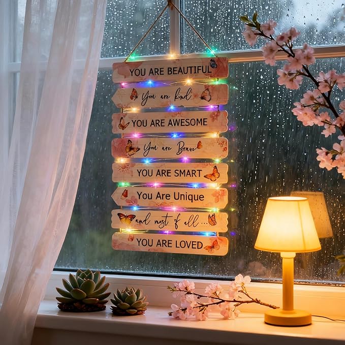 Vintage Classic Butterfly Sign Nursery Wall Decor Set of 8 with LED Lights, 11.4x2 Pink Cute Plaque Wall Art for Baby Girl Kid Teen Toddlers, 8 PCS Positive Wooden Quote Gift for kawaii Fairy Room