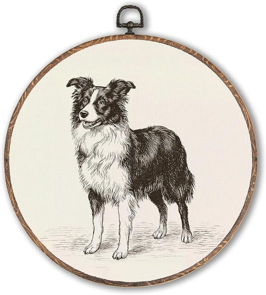 Vintage Border Collie Round Wall Art Framed, Retro Weiner Dog Round Wall Decor, Border Collie Weiner Dog Gifts Hanging Canvas Print Wall Sculpture for Bedroom Living Room Decor, 10x10 Inch