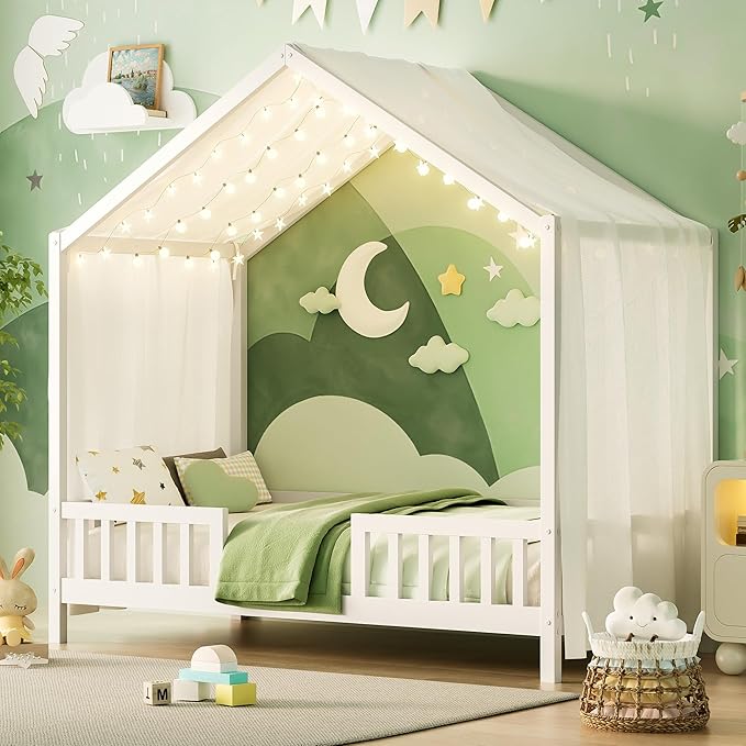 Montessori Floor Bed with Canopy, High Railings and Roof, Twin Size Wood House Bed Frame for Kids Bedroom (White/C2)