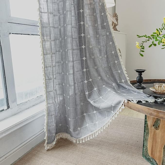 Deeprove Boho Curtains 96 Inches Long for Bedroom Kitchen, Cotton Linen Gray Plaids Embroidered Semi Blackout Bohemian Farmhouse Window Treatment Grids Drape Tassels, 1 Panel W52 x L96 Grey