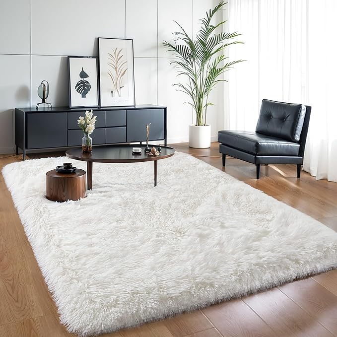 Thick Area Rug 5x7 Cream White Fluffy Shag for Girl Bedroom,Ultra Soft Plush Fuzzy Washable Thickened Non-Slip Floor Carpet,Modern Furry Shaggy Rug for Living Room Nursery Kids Boy Dorm,Ivory