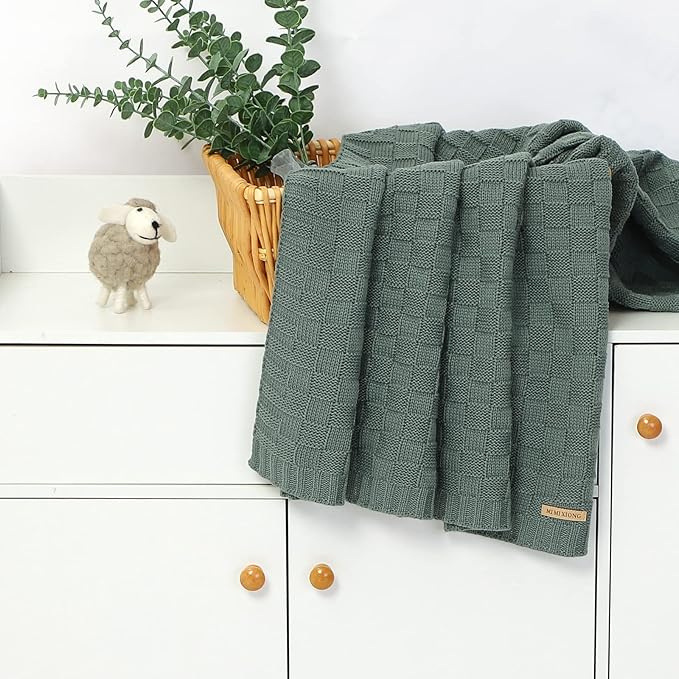 LAWKUL Green Baby Blankets Knitted Cable Babe Blanket Soft Airy Newborn Infant Receiving Swaddle Boy Girl Stroller 40"x30"