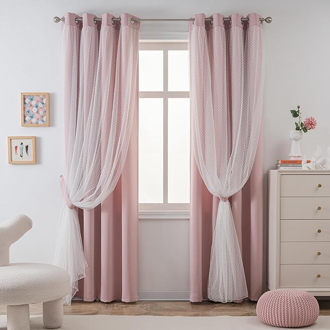 MYSKY HOME Pink Curtains for Girls Bedroom & Nursery Kids Blackout Cute Curtains 72 inch Long Double Layer with Polka Dots Sheer, Grommet Tops, 52" Wide, 2 Panels