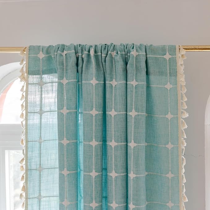Deeprove Green Boho Curtains 96 Inches Long for Bedroom Nursery Room, Cotton Linen Lattice Plaids Embroidery Semi Blackout Bohemian Window Treatment Grids Drape Tassels, 1 Panel W52 x L96, Aqua