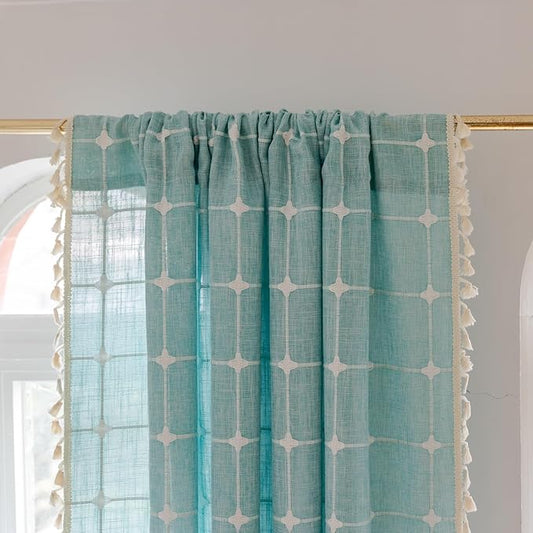 Deeprove Green Boho Curtains 96 Inches Long for Bedroom Nursery Room, Cotton Linen Lattice Plaids Embroidery Semi Blackout Bohemian Window Treatment Grids Drape Tassels, 1 Panel W52 x L96, Aqua