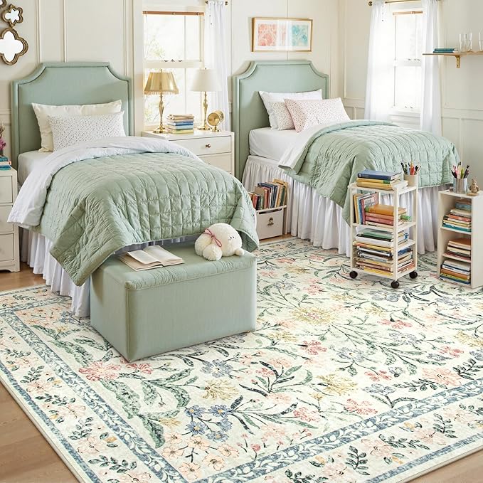 Lahome Boho Rugs for Living Room, Washable Large 8 x 10 Area Rugs for Bedroom Non Slip, Soft Ultra-Thin Distressed Floral Throw Carpet for Office Dining Room, Cream/Multi