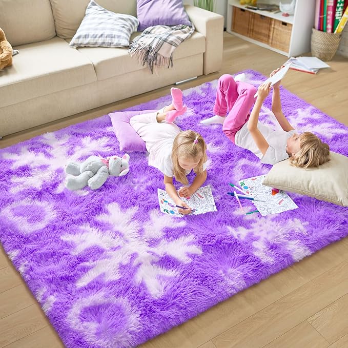 EVOIONOS Purple Princess Rugs for Living Room, 4x6 Feet Fluffy Shaggy Snowflake Rug for Girls Bedroom, Plush Fuzzy Super Soft Carpet for Kids Room Home Decor, Upgraded Non Slip Bottom, Purple Rugs