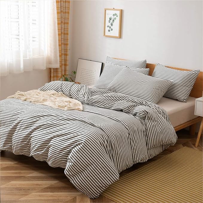 JELLYMONI 100% Natural Cotton 3pcs Striped Duvet Cover Sets,White Duvet Cover with Dark Grey Stripes Pattern Printed Comforter Cover,with Zipper Closure & Corner Ties(Full Size)