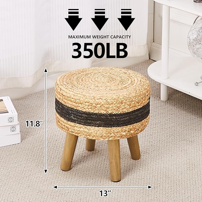 Cpintltr Round Ottoman Natural Seagrass Footstool Hand Weave Water Hyacinth Poufs Eco Friendly Sofa Foot Stool Soft Step Stool Padded Foot Rest with Pine Legs for Living Room (Black)