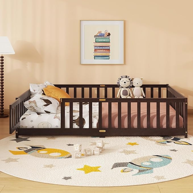 Full Size Floor Bed for Kids, Wood Montessori Floor Beds with Fence Railings, Door & Slats Support, Full Playhouse Bed Frame for Boys Girls, No Box Spring Needed, Espresso