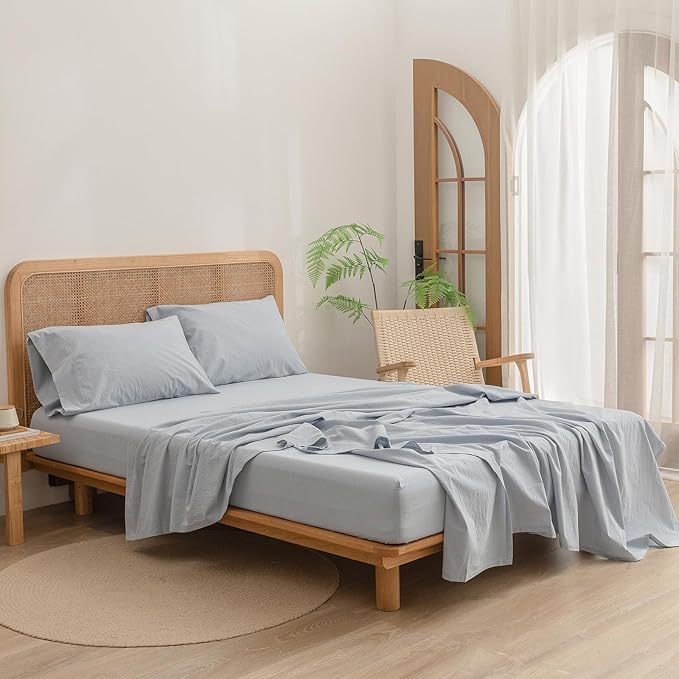 BESTOUCH Sheet Set 100% Washed Cotton Linen Feel Super Soft Comfortable Chic Lightweight 4 Pcs Home Bedding Set Solid Cornflower Blue Full