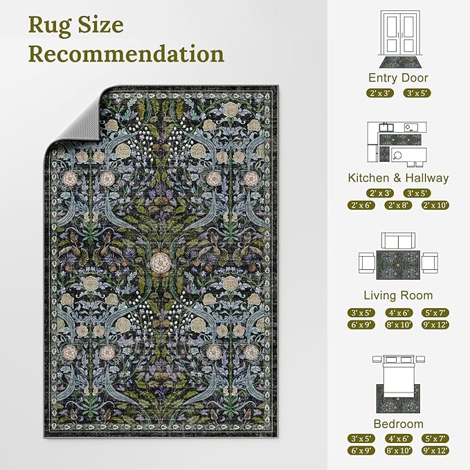 AMTOVO 8x10 Washable Area Rugs for Living Room, Non-Slip&Non-Shedding Large Soft Boho Floral Vintage Accent Print Carpet for Bedroom Dorm Dining Room Farmhouse Nursery Playroom Home Office, Black