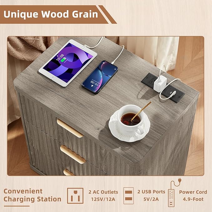 LEYAOYAO 23" Wide Fluted Farmhouse Night Stand Set of 2 with Charging Station, 3 Drawers Large End Table w/Metal Handle,Grey Nightstand Bedside Table,Wood Dresser for Bedroom, Closet
