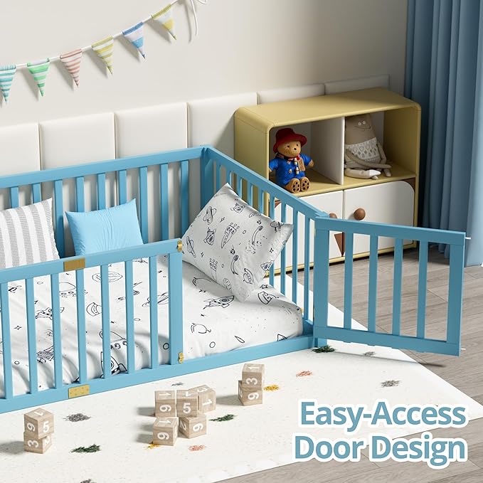 LLS Twin Size High Fence Floor Bed, Solid Wood Multifunctional Montessori Bed Frame with Door for Toddler Kids, Without Slats, Sky