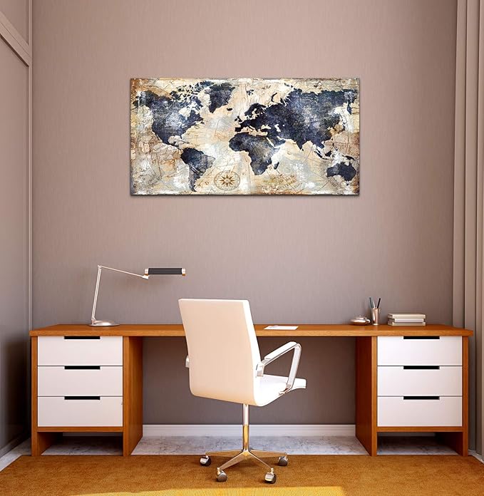 Canvas Wall Art World Map Wall Art for Office Artwork Print Picture Home Interior Decor - Map Picture for living room Office Bedroom Wall Decor Canvas Artwork 24x48inch Ready to Hang