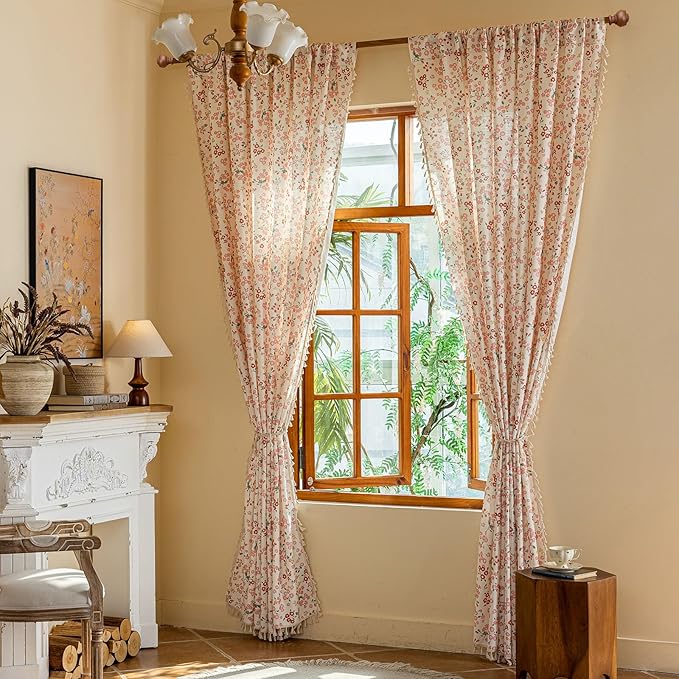 OYX Pink Boho Farmhouse Floral Curtains 96 Inch Long 2 Panels For Living Room, Flower Girl Bedroom Light Filtering Drapes, Vintage Country French Patterned Rod Pocket Aesthetic Decor Window Treatments
