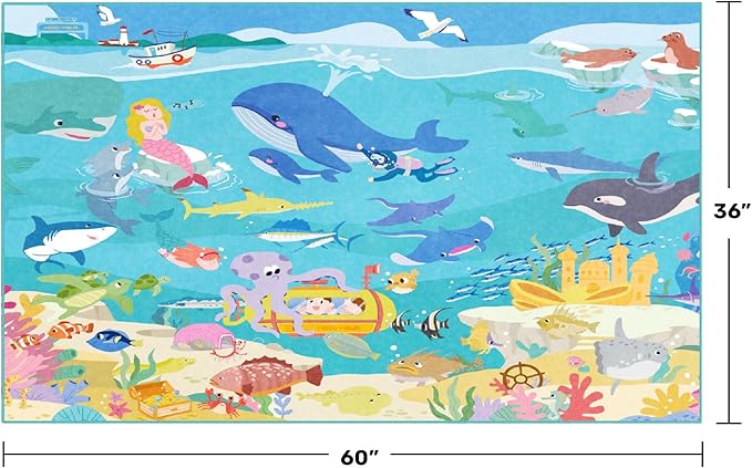 3x5 Small Kids Rug for Bedroom - Washable Soft Ocean Themed Rug for Kids Room, Bathroom and Playroom – Sea Animal Playmat for Children, Toddler, Whale Mermaid & Marine Life Educational Learning Carpet