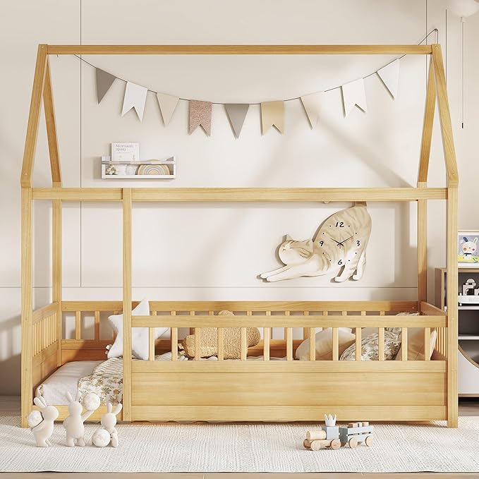 Full Size House Bed with High Fence for Kids,Full Floor Bed Frame, Kids Montessori Bed Full Size,Solid Wood House Bed Frame for Boys,Girls,Natural