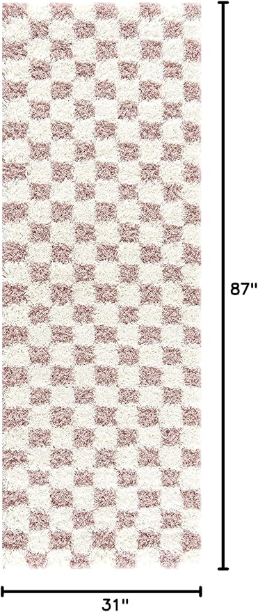 BoutiqueRugs Atira Modern Checkered Shag Runner Rug - High Pile Fluffy Shaggy Carpet for Kids Room, Hallway, Bedroom - Pink, Cream, White, Blush, Rose - 2'7" x 7'3" (2x8)